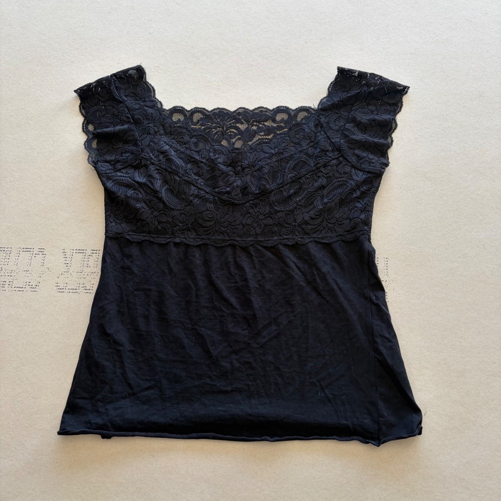 Y2K Rue21 Lace Trim Cap Sleeve Top Black